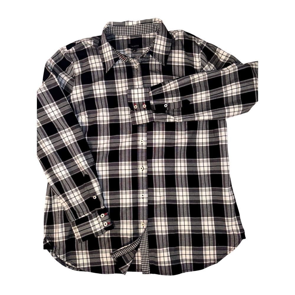 Talbots Womens Medium Black White Plaid Button Up Shirt Long Sleeve Gingham Trim
